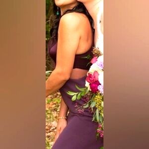 David Bridals crepe sheath plunge long gown with illusion - no longer in sale